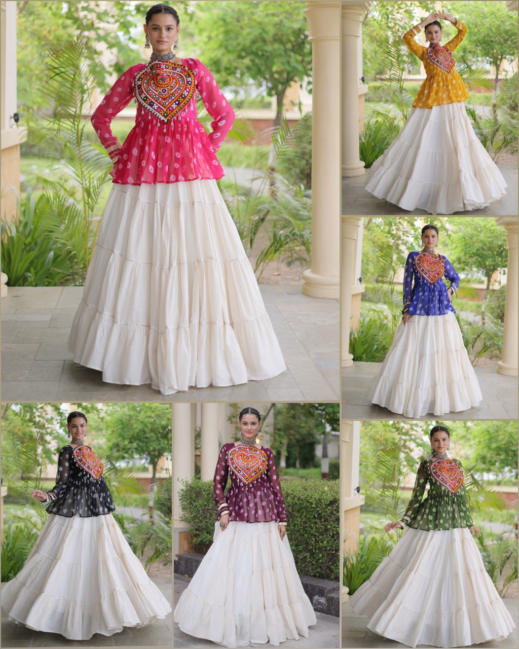 RangRiwaaz Handcrafted Mirror Work Chaniya Top with Layered White Lehenga