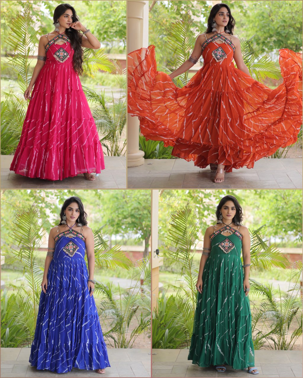 RangLeher – Bandhani Printed Mirror Work Flared Gown