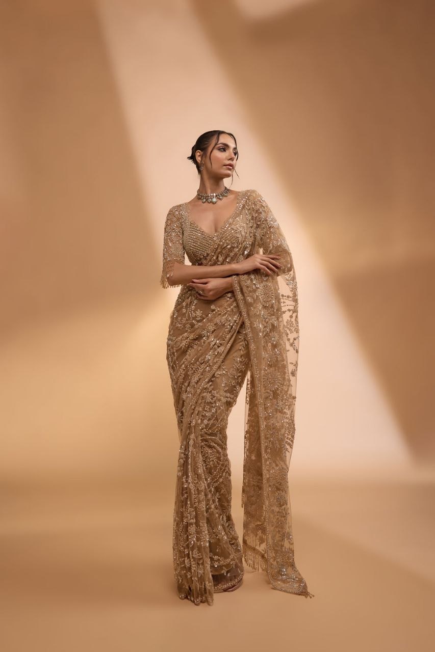 Bollywood Beige Net Sequins Saree (DF-3484)