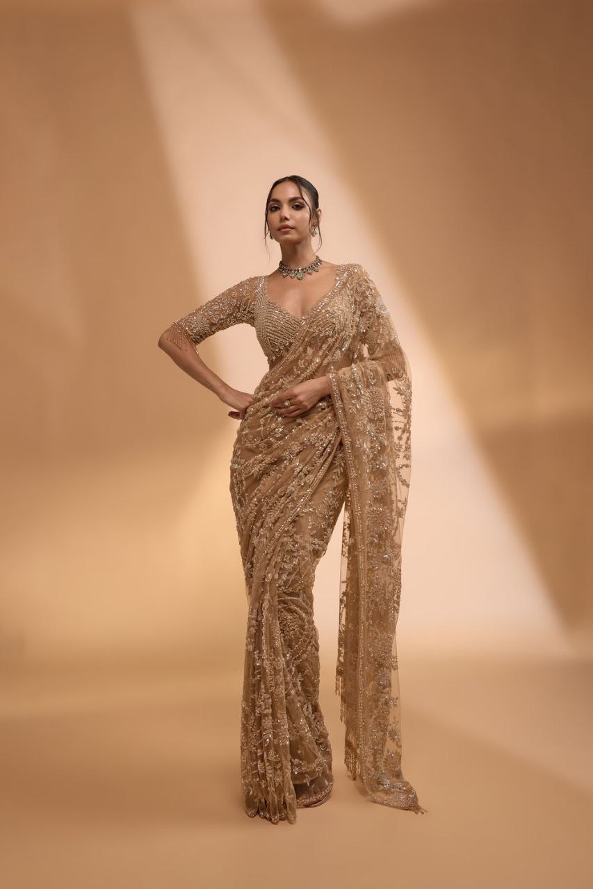 Bollywood Beige Net Sequins Saree (DF-3484)