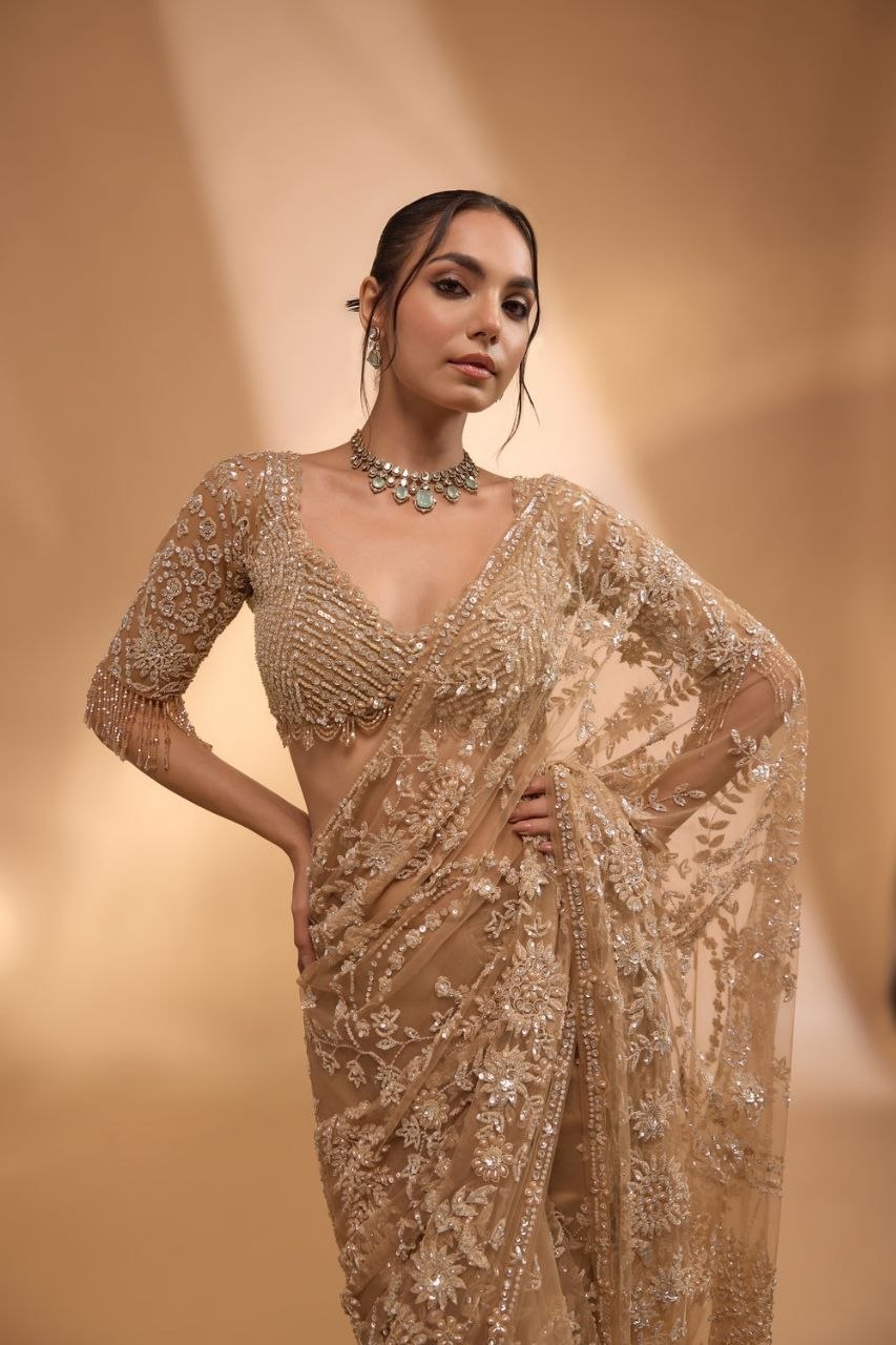 Bollywood Beige Net Sequins Saree (DF-3484)