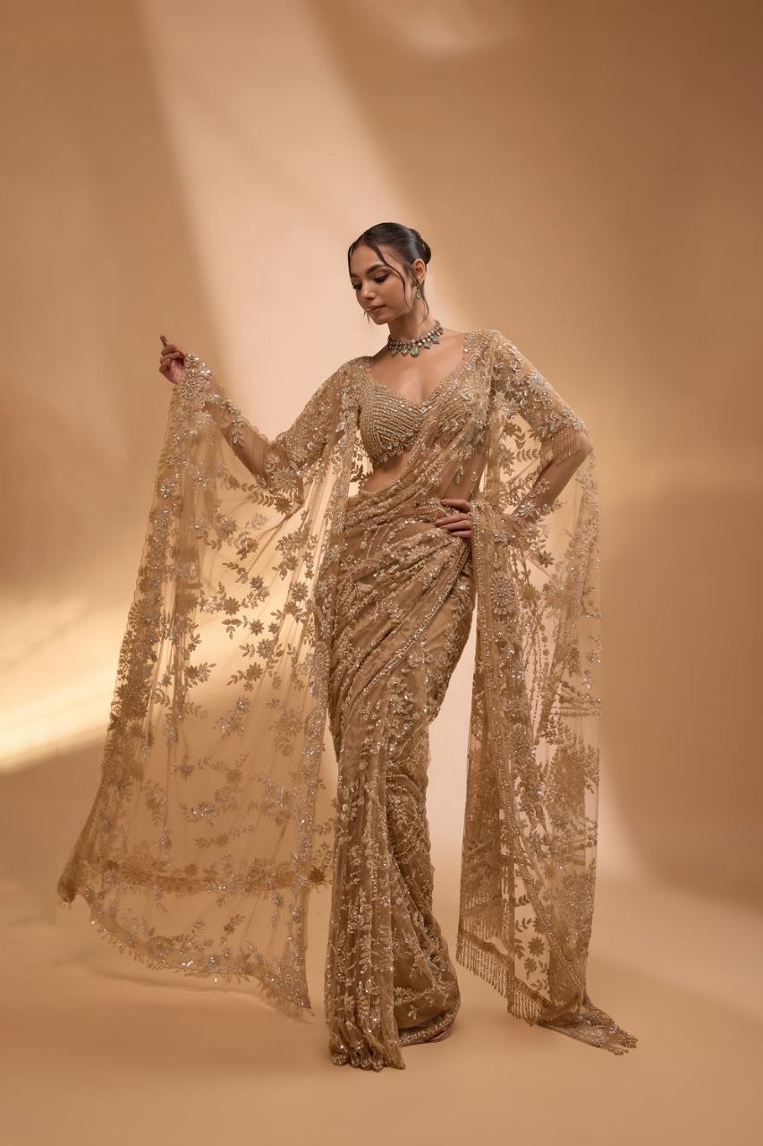 Bollywood Beige Net Sequins Saree (DF-3484)