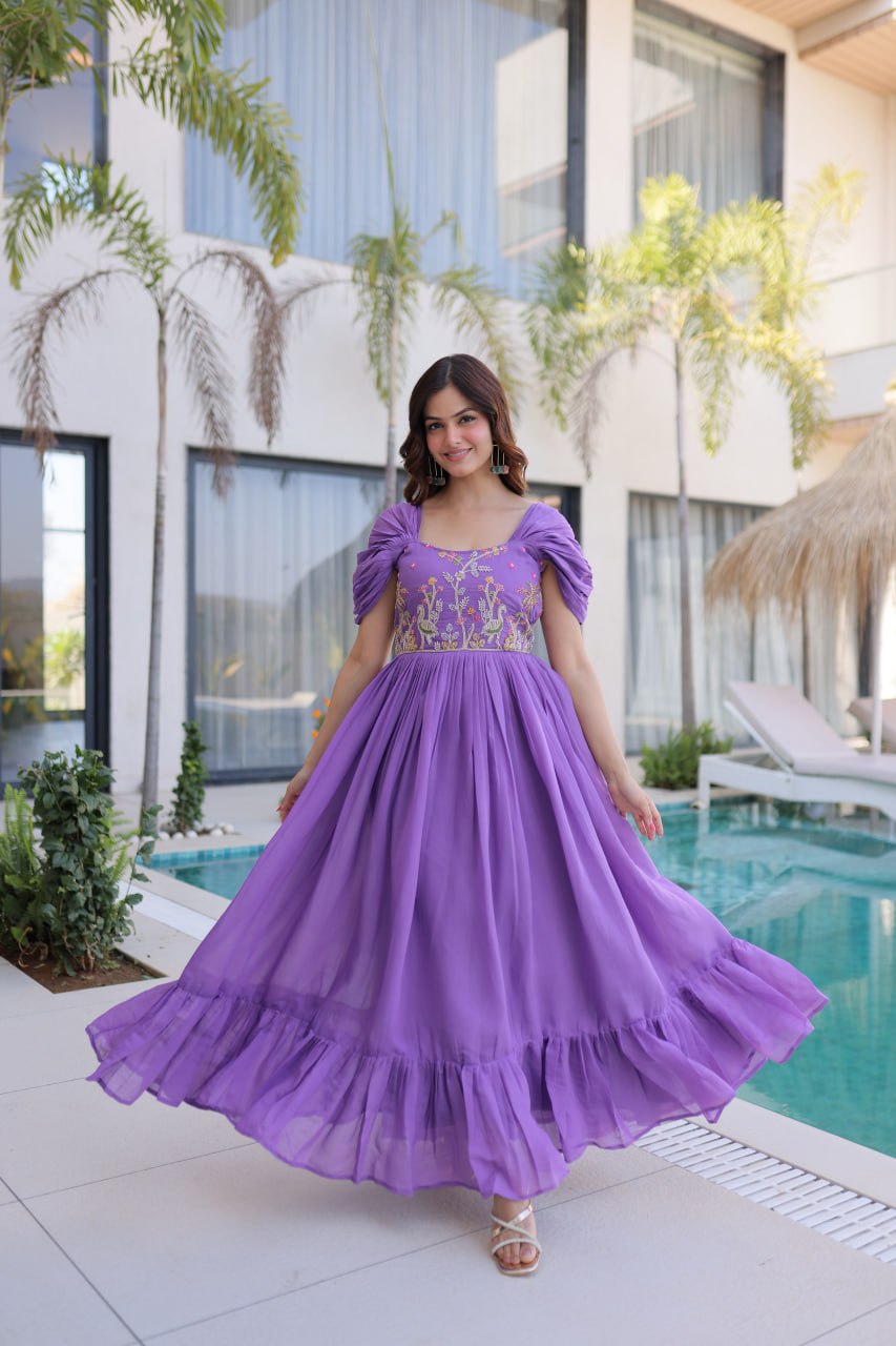 LILAC SLAY CAPE-SLEEVE GOWN