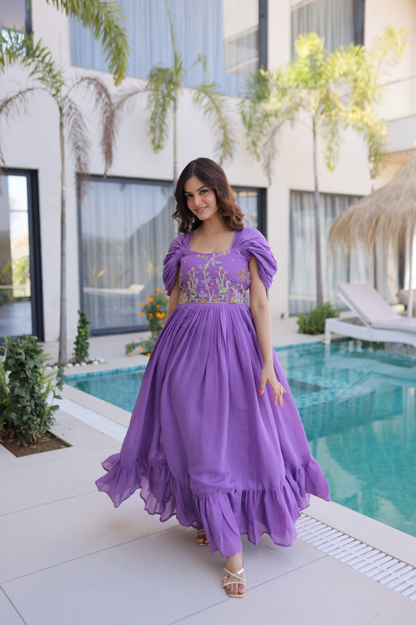 LILAC SLAY CAPE-SLEEVE GOWN