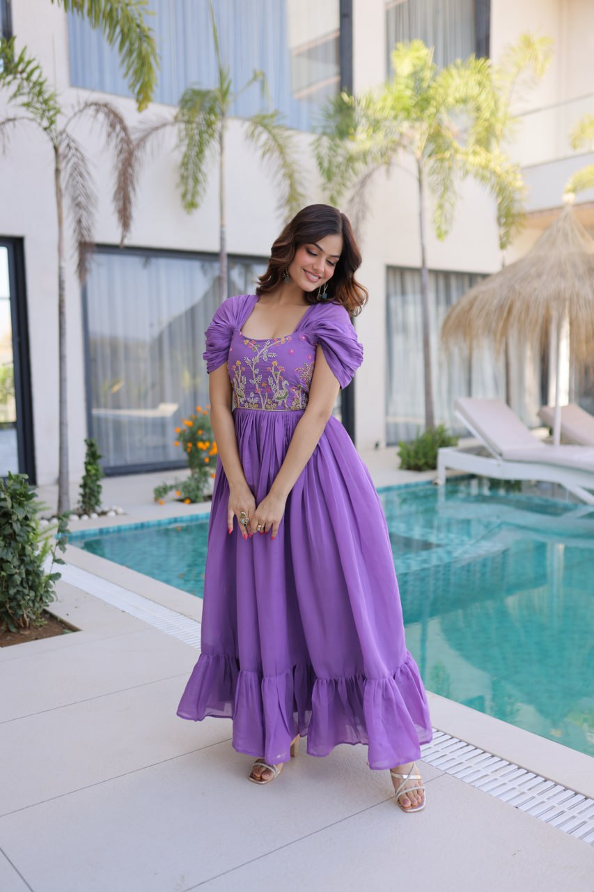 LILAC SLAY CAPE-SLEEVE GOWN