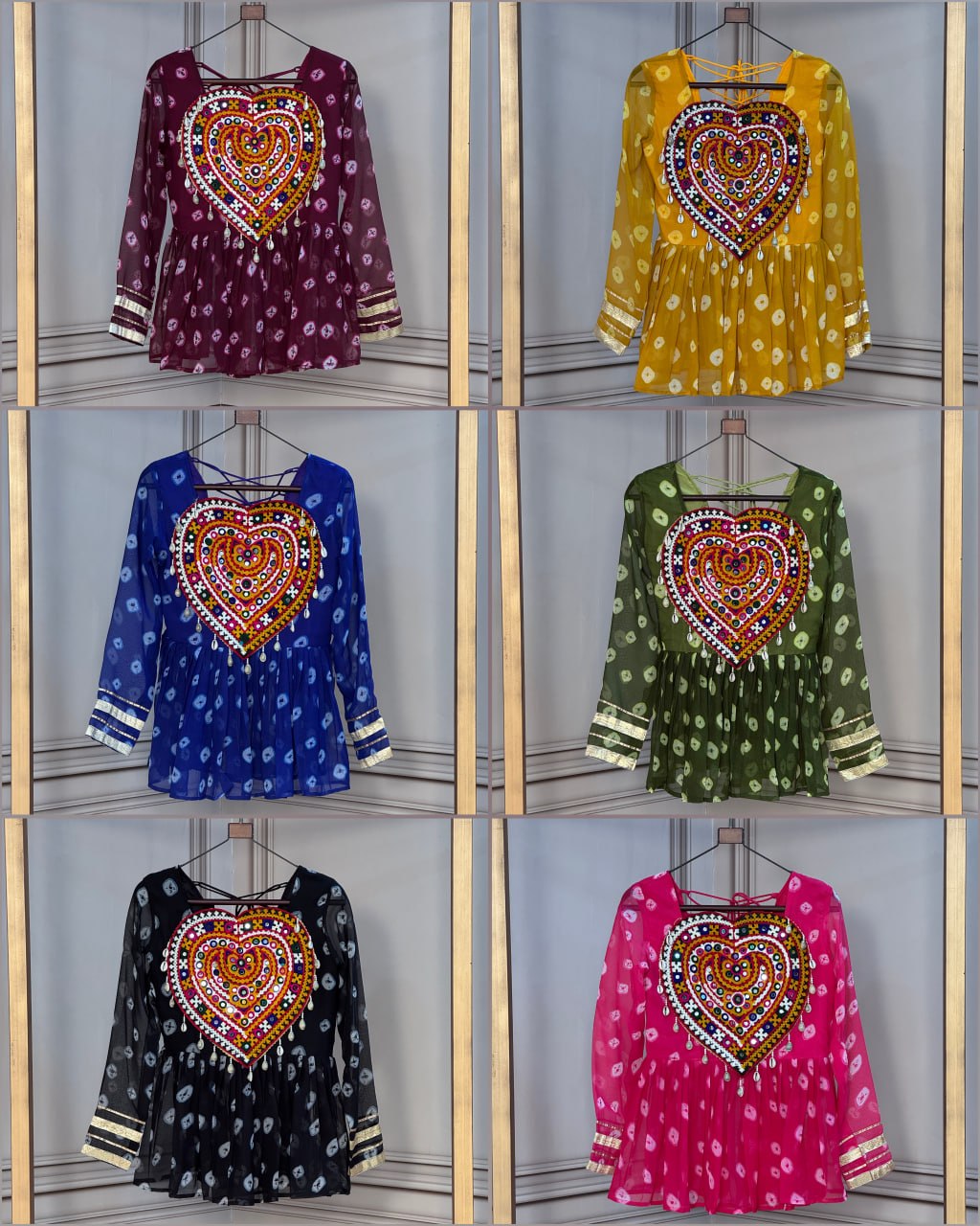 Women’s Bandhani Printed Hand-Embroidered Heart Design Flared Top