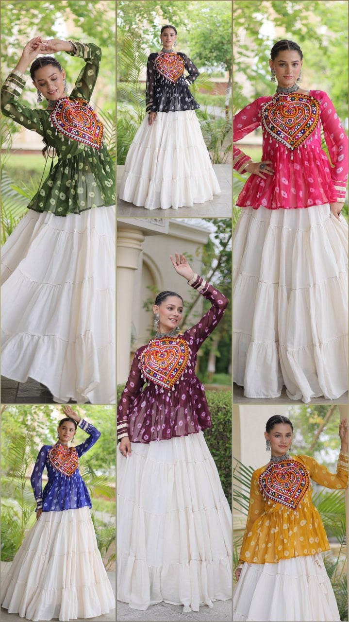RangRiwaaz Handcrafted Mirror Work Chaniya Top with Layered White Lehenga