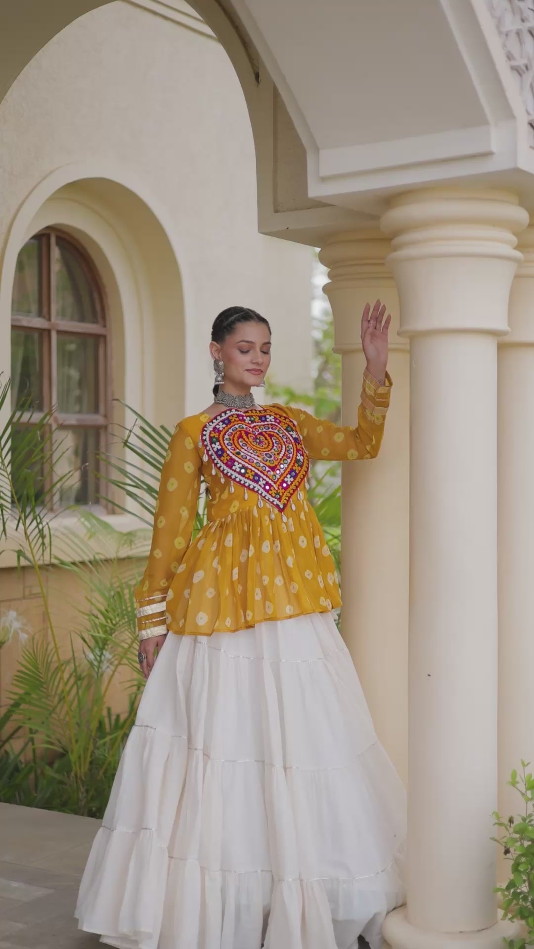 RangRiwaaz Handcrafted Mirror Work Chaniya Top with Layered White Lehenga